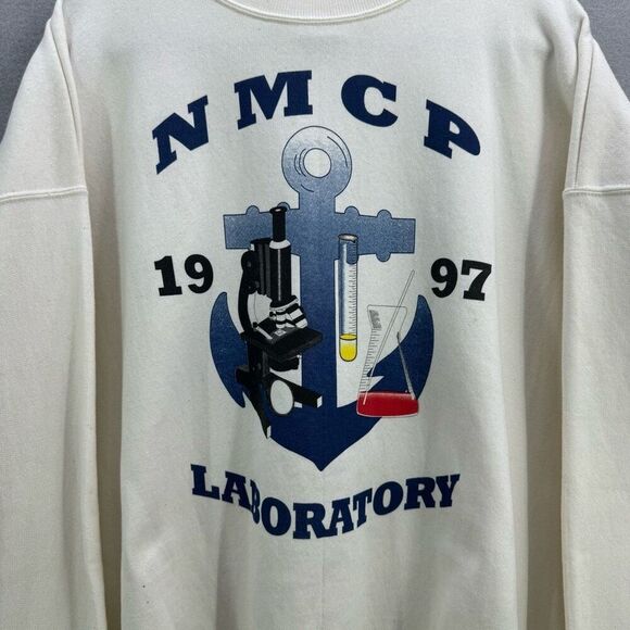 Vintage Hanes Mens Cream NMCP 1997 Laboratory Graphic Logo Sweatshirt Size 2XL - Picture 9 of 9